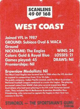 1989 Scanlens VFL #49 West Coast Emblem Back